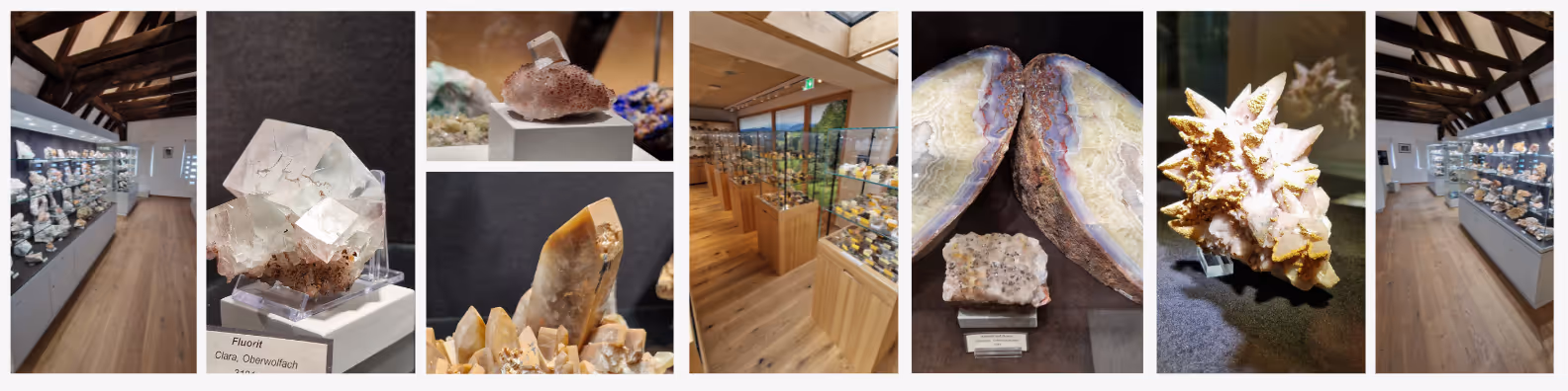 Bildcollage aus Mineralexponaten und dem Museum für Mineralien und Mathematik MiMa